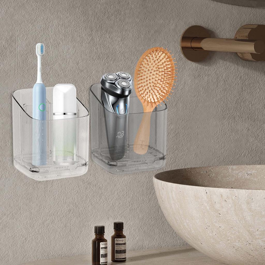 Toothbrush Holder With Tray, Wall Mounted, Non Perforated Bathroom Storage Rack, Toothpaste Storage