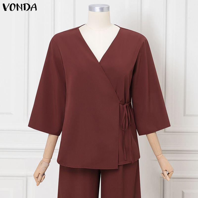 VONDA Women Sets Long Sleeve Side Cross Blouse and Pants Casual Two Piece Suit Sets