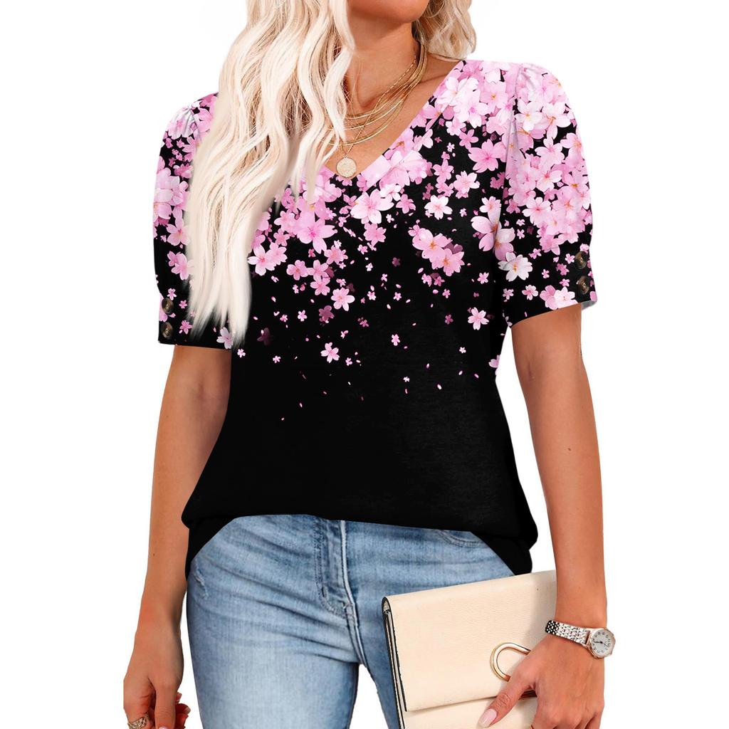 Womens Tops Short Sleeve Shirts Buttons V Neck Fashion Outfits Blouses Casual