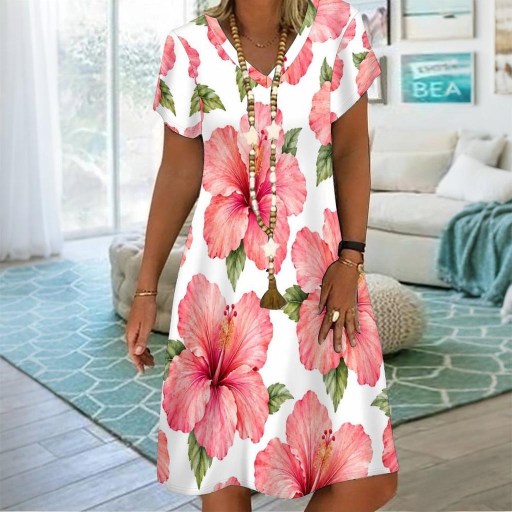 Women Plus Size Olive Green Daisy Printed V Neck Short Sleeve A Line Flared Dress