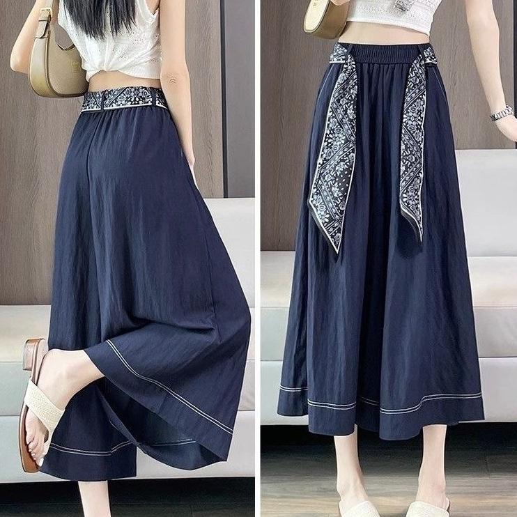 Ice silk denim skirt-pants for women, summer thin high-waisted drapey wide-leg cropped pants