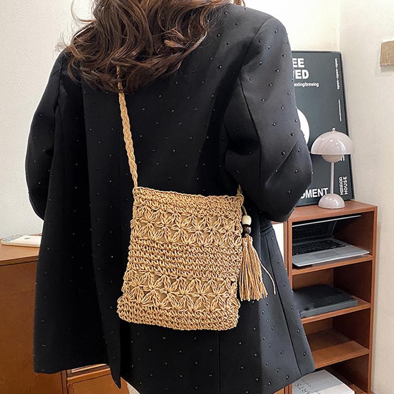 Poșetă pentru femei, cu umăr țesut din paie, pentru plajă, cu ciucuri, boho, cu croșetat, poșetă de mână, poșetă