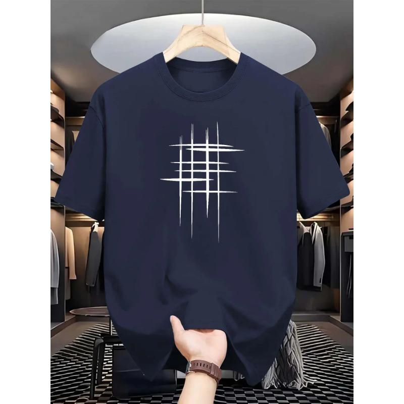 Men's Summer Cotton Fashionable Casual Loose Plus Size Graphic Line Printed Sports Round Neck Short Sleeved T-shirt Top
