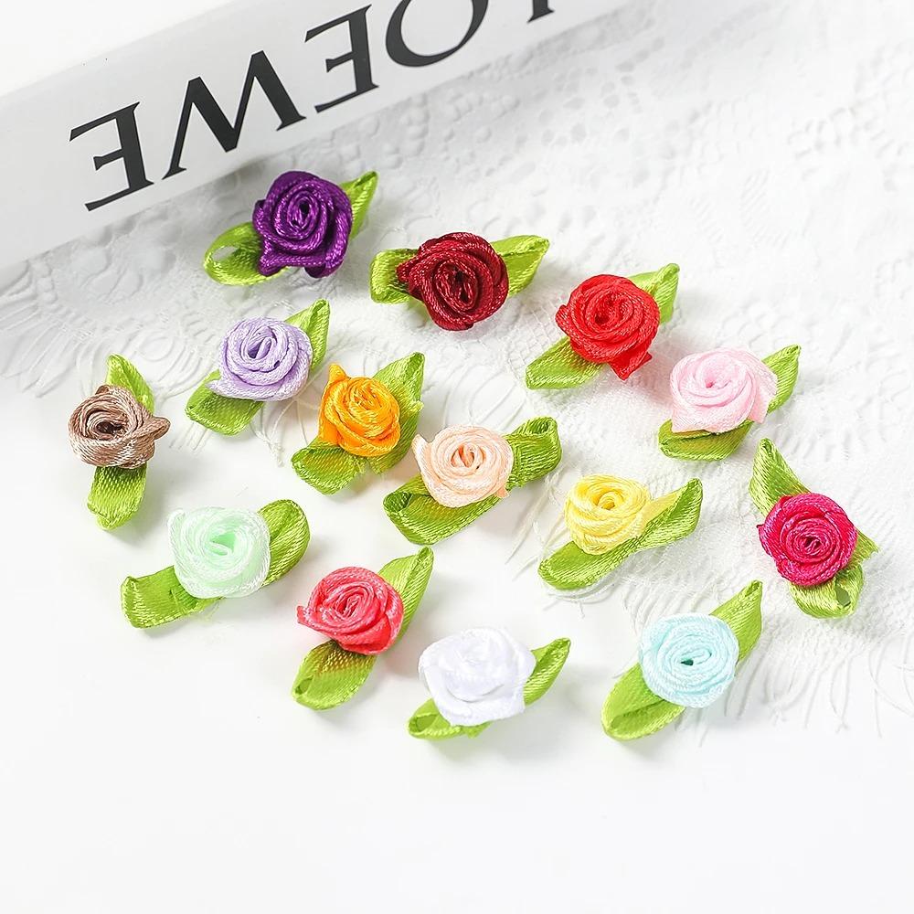 50/100PCS Mini Handmade Rose Flower Satin Ribbon Rosettes Fabric Appliques For DIY Wedding Decoration Craft Sewing Accessories