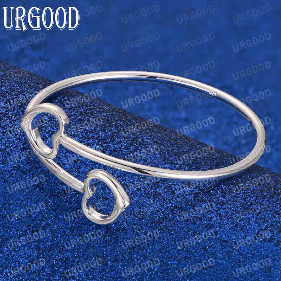 925 Sterling Silver Double Heart-shaped Open Bracelet Fashion Wedding Jewelry