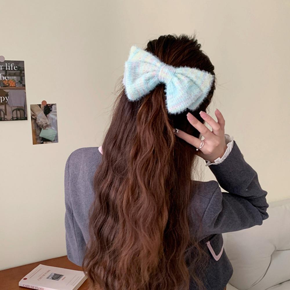 Cream gradual change color plush bow hairpin sweet and cute back head half tied spring clip hairpin simple hair accessories