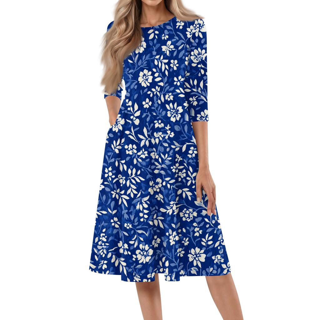 Women's Casual Fashion Round Neck Three Quarter Sleeve Printed Midi Dress