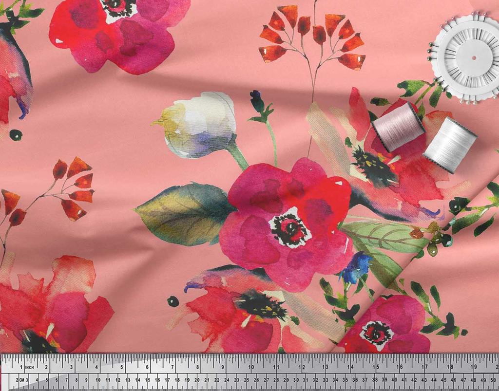 Soimoi Japan Crepe Satin Fabric Leaves & Poppy Flower Print Sewing Fabric Metre 42 Inch
