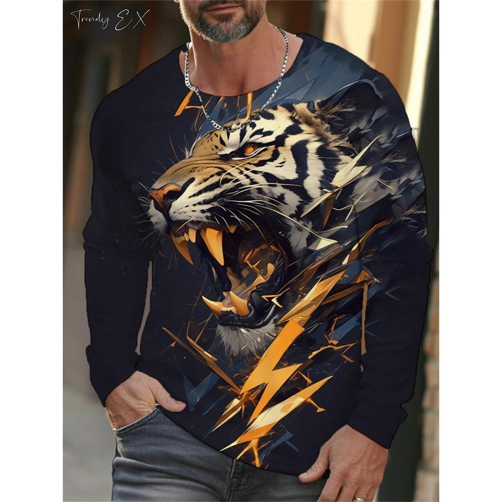 Hot selling 3D tiger print men's street trendy round neck long sleeved T-shirt