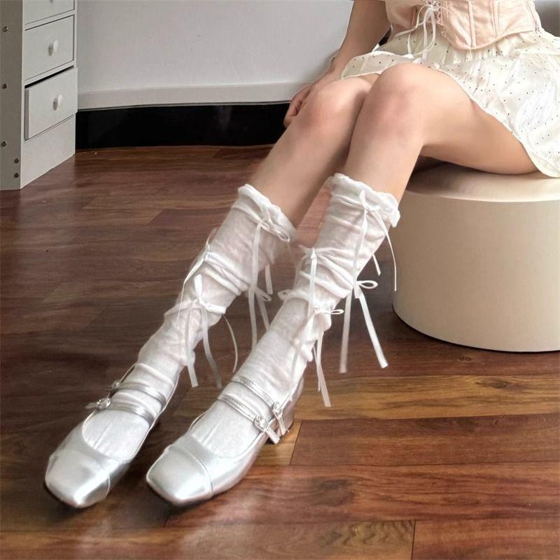White Calf Socks for Women Summer Thin Bowknot Ballet Bubble Cuff Mary Jane Slouch Socks