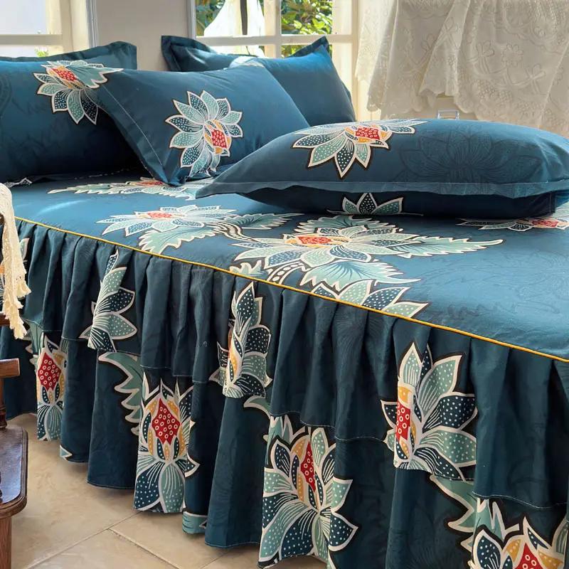 Letní Nový Zelený Květinový Vzor Retro Styl Sada Postelové Sukně 3ks Pohodlné Ložní Prádlo Luxusní Princeznovské Sukně Protiskluzová Postelová Sukně 1ks+1ks Povlaky na Polštáře