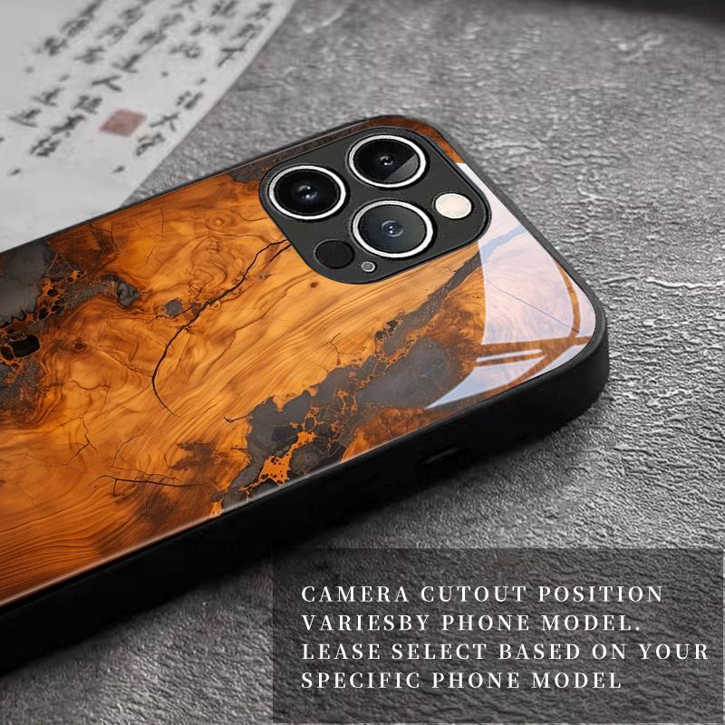 Phone Case Resin Wood Art Spliced Tempered Glass Phone Case Black for IPhone 12/13/14/15/1617/17Pro/18Pro Max Cover Hard Shell