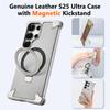 Eary Leather Phone Case for Samsung Galaxy S25 Ultra Magnetic with 360° Rotate Stand Metal Frameless Shockproof Protector Cover