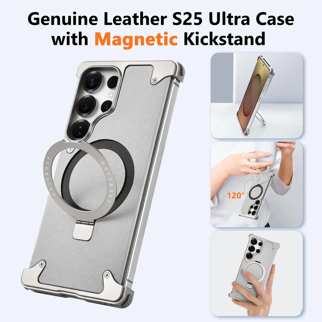 Eary Leather Phone Case for Samsung Galaxy S25 Ultra Magnetic with 360° Rotate Stand Metal Frameless Shockproof Protector Cover