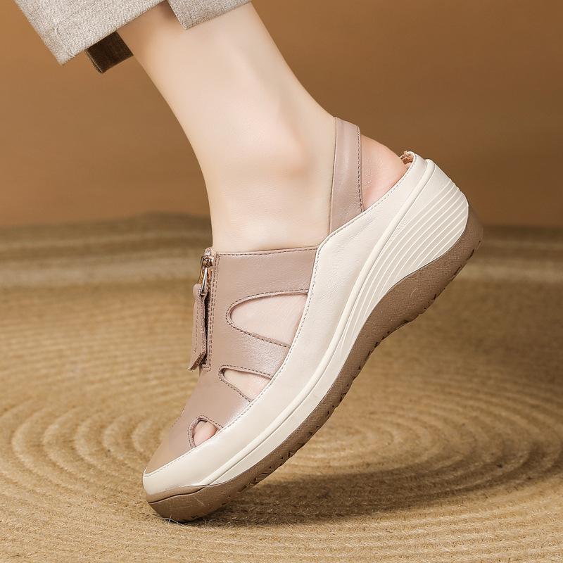 

женские летние кожаные сандалии на толстой танкетке, с мягкой подошвой, полые, дышащие, легкие, нескользящие, повседневные 40