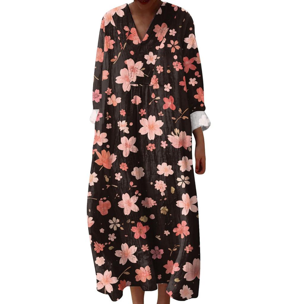 Women's Casual And Fashionable V-Veck Flower Print Long Sleeved Dress Long Sleeved Dress