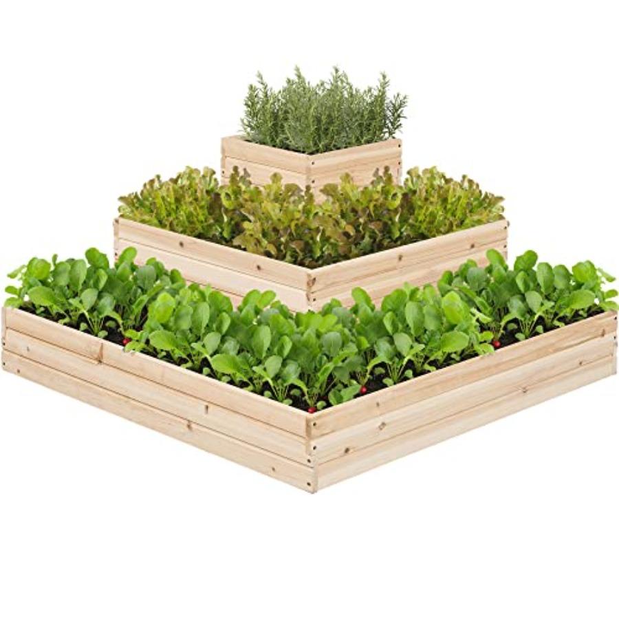 3 Tier Wooden Raised Garden Bed 44.5'' L×44.5'' W×20.5'' H for Flowers/Herbs/Vegetables with Open Bottom Planter Natural Wood C