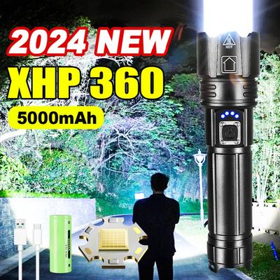 2024 XHP360LED USB Επαναφορτιζόμενος Ισχυρός φακός IPX45 Φακός LED υψηλής ισχύος Φακός LED Φανάρι εξωτερικού χώρου με δυνατότητα ζουμ
