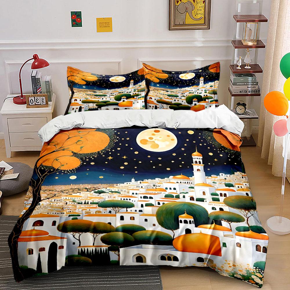 Moon, stars, buildings, trees. Bedding sets Duvet cover sets Duvet covers Pillowcases(1 * Duvet Cover 2 * Pillowcases without duvet insert)