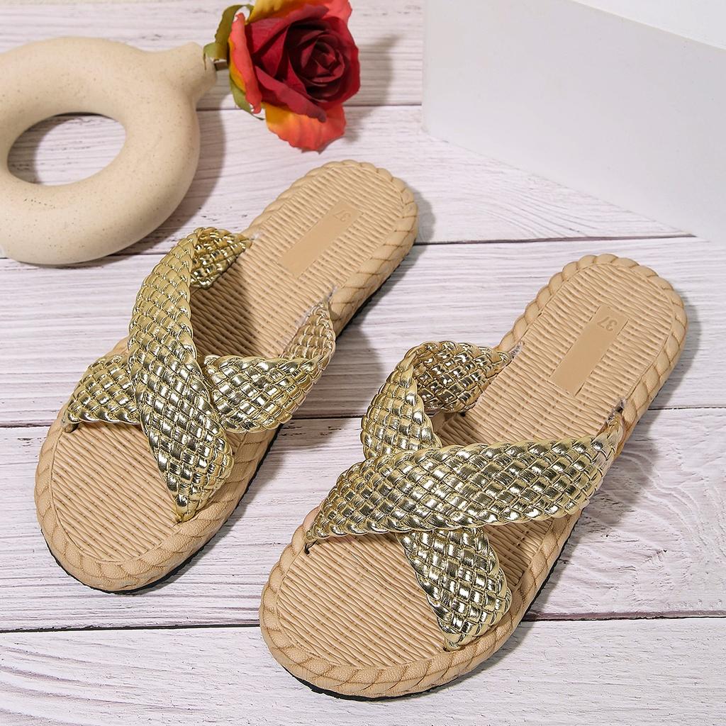Women Slippers Summer Beach Fashion Cross Sandals Straw Soft Bottom Outdoor Beach Slippers Comfortable Lightweight Sides Women