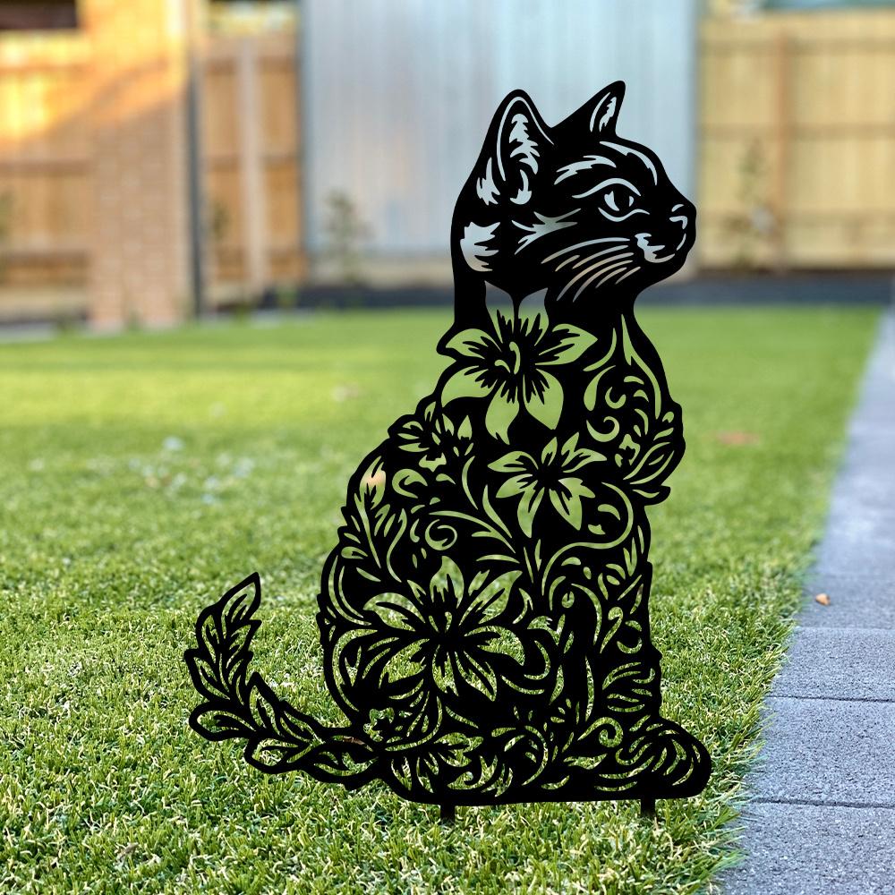 2D Iron Garden Art Metal Flower Cat Stake Outdoor Patio Lawn Decor Christmas Gift for Cat Lovers