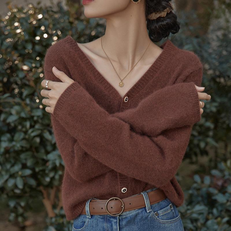 Herbst und Winter Neu Imitation Waschbär Samt V-Ausschnitt Weich Wachsig Pullover Jacke Faul Gestrickte Strickjacke Unterhemd Damenbekleidung