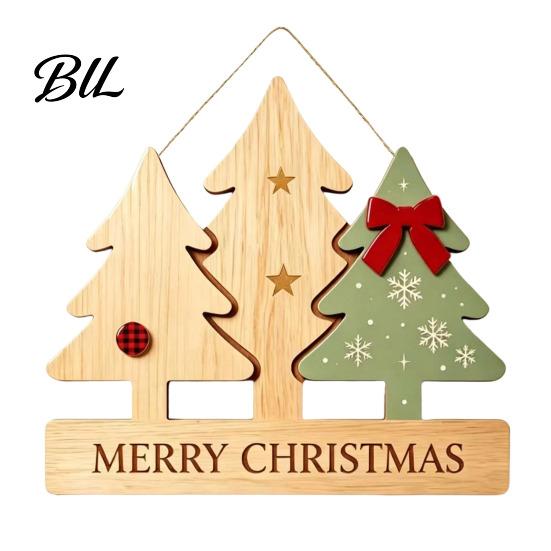 Multi Layered Tree Wall Art Christmas Wooden Sign Hanging Ornament, Multi-Layer Wood Plaque Rustic Holiday Decor with Rope, Merry Festive Door