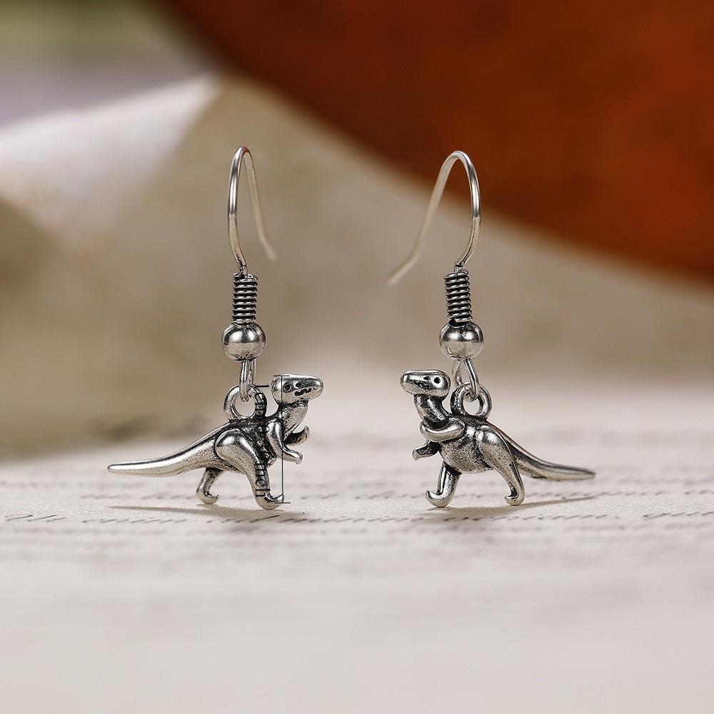 Silver Plated 3D Dinosaur Drop Earrings, Cute Tyrannosaurus Rex Animal Charm Hook Earrings for Women