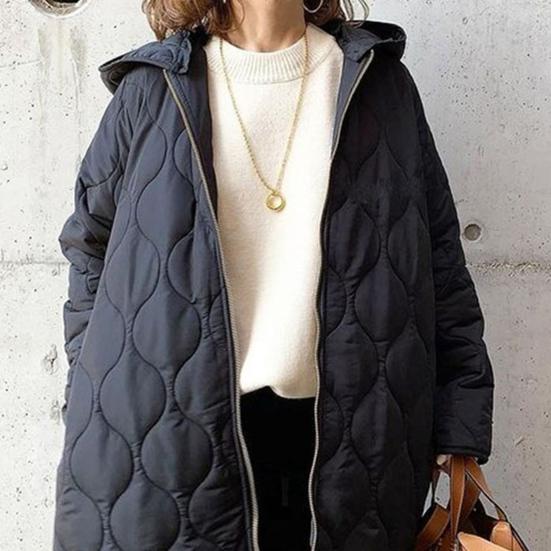 Fall Winter Women Jacket Hooded Zip-up Rhombus Texture Thin Padded Long Sleeves