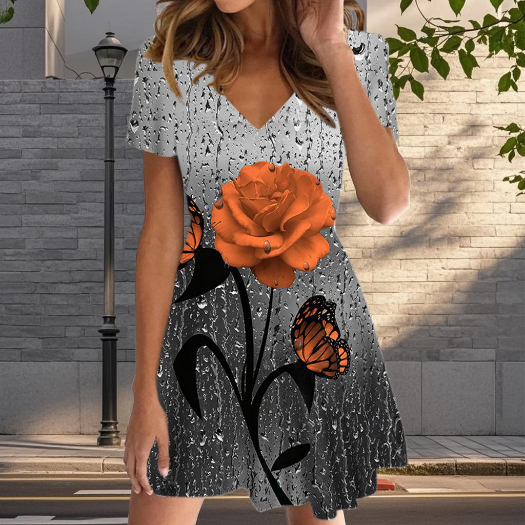 Summer Fashion Women's V Neck Short Sleeve Blooming Flowers Printed  Dress Sex Short Skirt Dresses