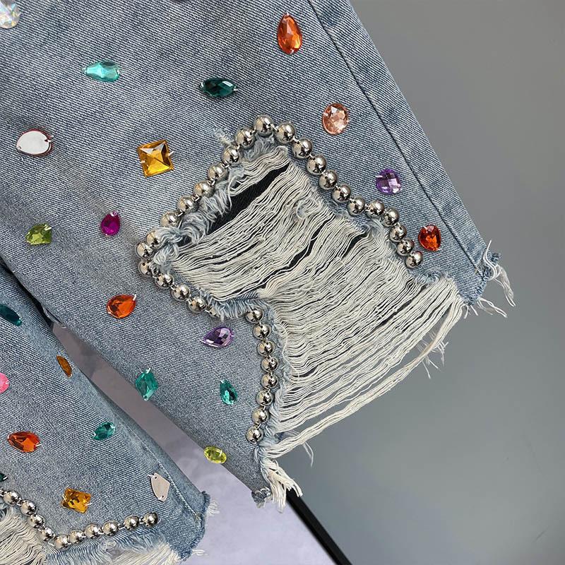 Women's Rhinestone High Waist Ripped Denim Shorts with Tassels