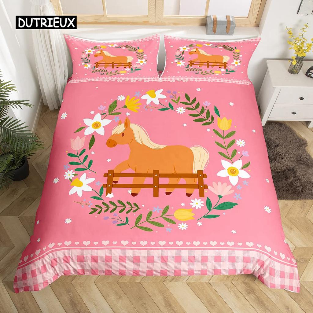 Cartoon Tier Hund Bettbezug King Size Rosa Büffel Bettdeckenbezug Floral Welpe Prinzessin Bettwäscheset Hundeliebhaber Schlafzimmerdeko