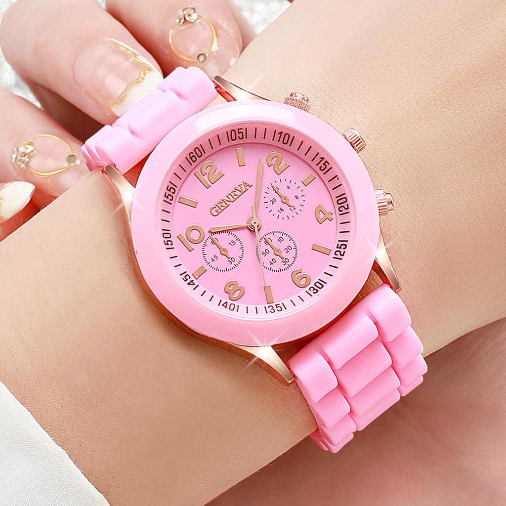 2PCs/Set Women Watch Twin Silicone Strap White Pink Watch Set