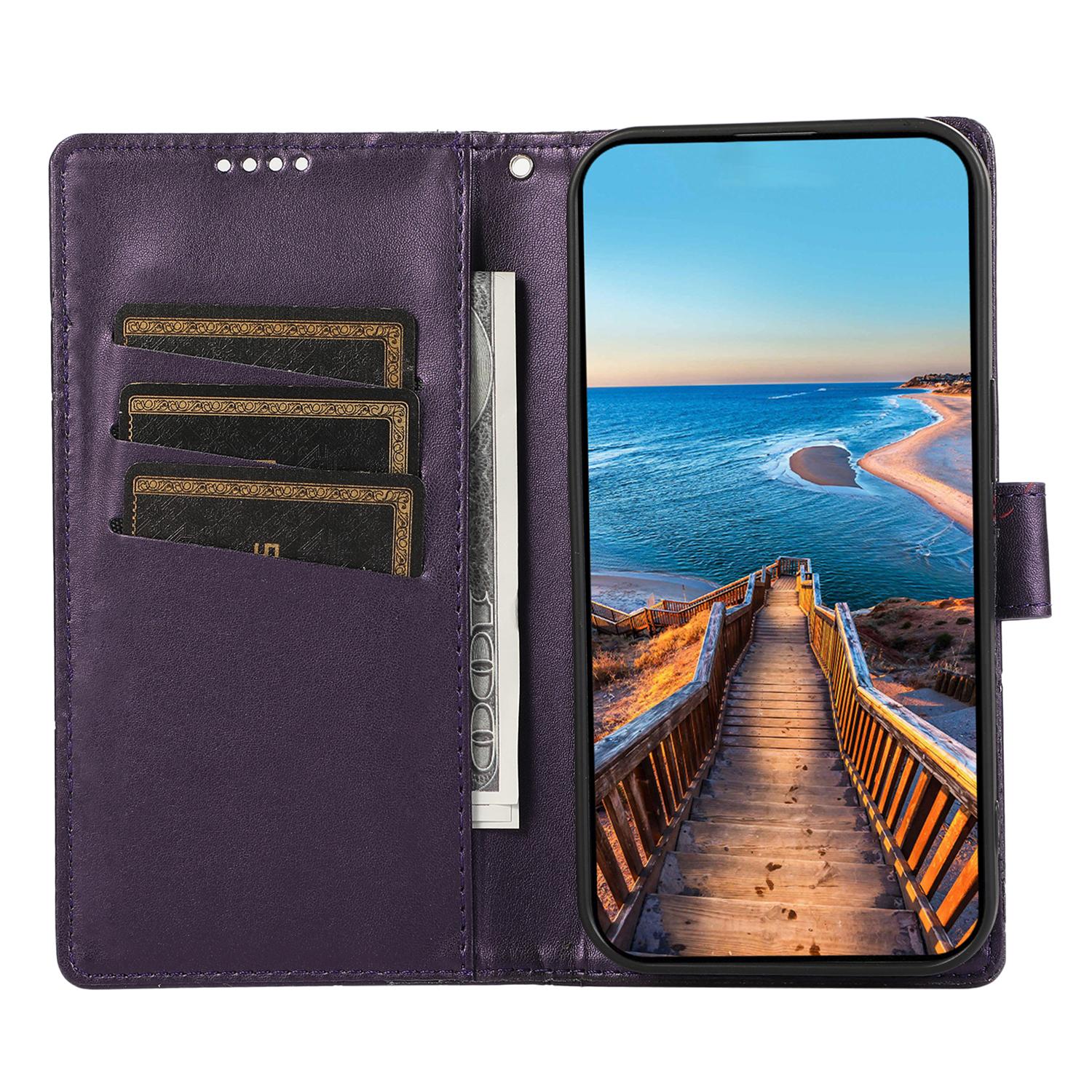 

DF-06 For Samsung Galaxy M34 5G/F34 5G Case Lines Imprinted PU Leather Phone Cover with Wrist Strap Purple