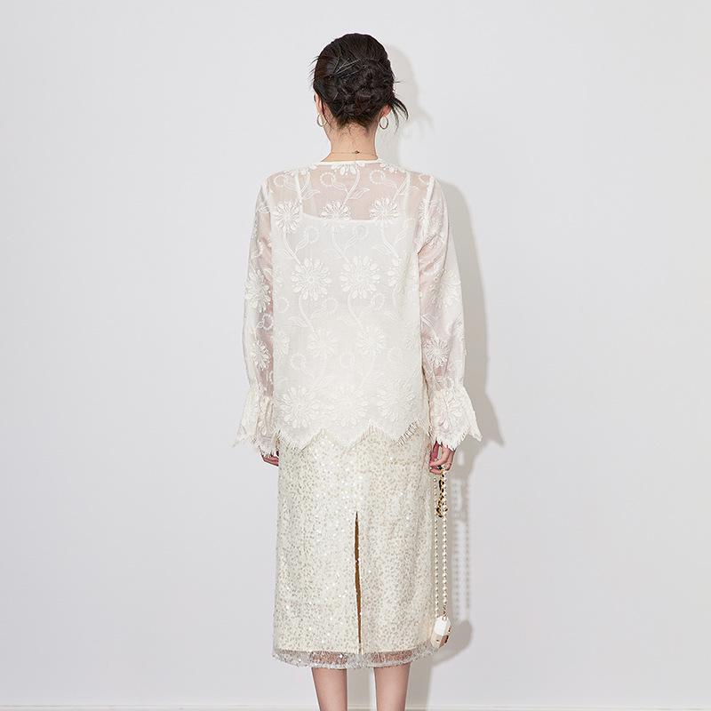 Spring Embroidery Jacquard Trumpet Sleeve Dress - New Chinese Style