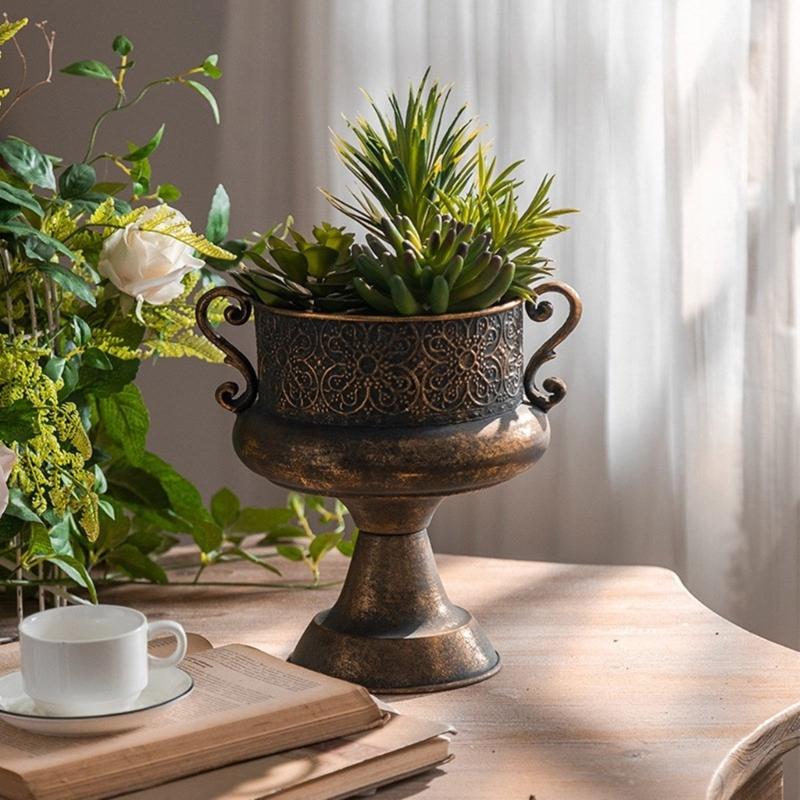 Antique Iron Planter Pot Featuring Round Shape And Embossed Pattern For Garden Terraces Home Indoor Outdoor Decoration