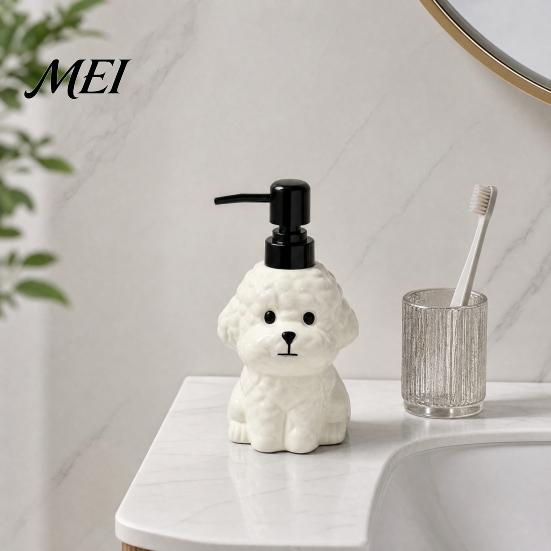 Dispenser Sapone Liquido 400ML Cane in Ceramica con Pompa in Plastica, Forma di Cucciolo Contenitore Ricaricabile con Pompa per Lozione Liquida, Vuoto per Doccia
