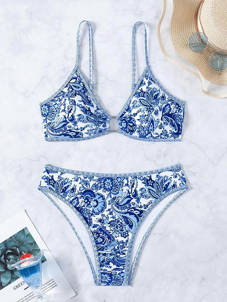 Verspielter Floral 2025O Damen Zweiteiliger Bikini mit Ring-Verknüpftem Dreiecksdesign
