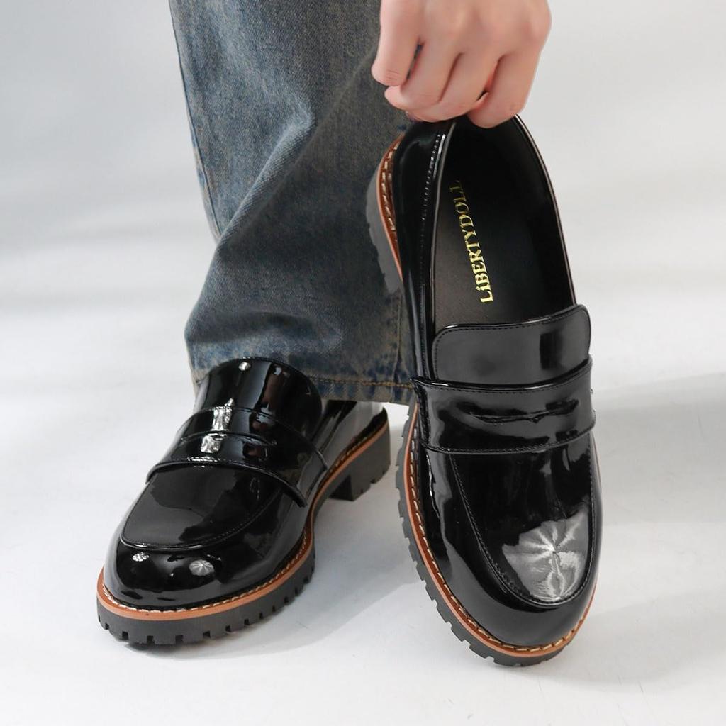 Mocasini cu monede pentru pistă rotundă joasă PU sintetic pantof japonez [Liberty Doll] Femei, Talpă, Vârf, Toc, Toc de 2,5 cm, Piele, Piele, Email, Negru,