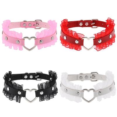 New Sexy Lace Harajuku PU Leather Chain Heart Pendant Necklaces Women Punk Neck Gothic Black Pink Choker Necklace Cool Collar