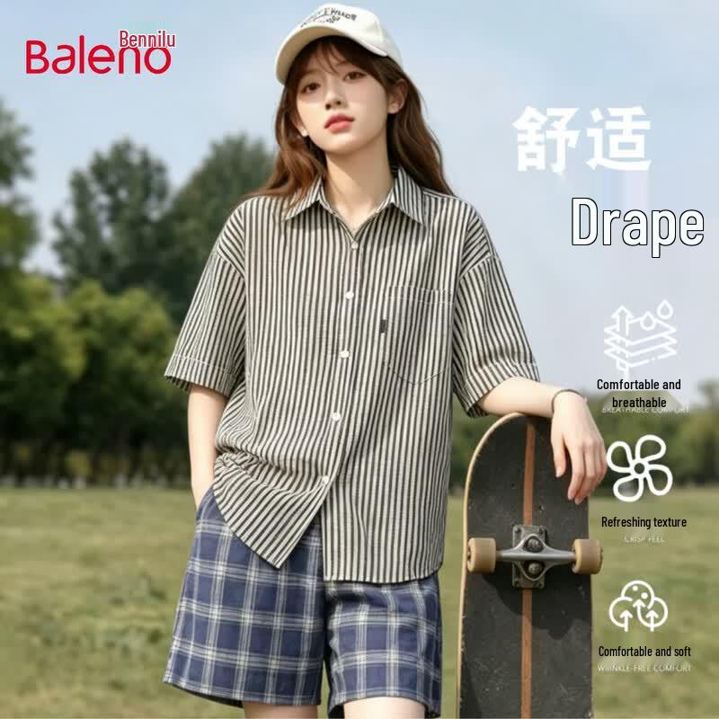 Baleno Women s Striped Lapel Short Sleeve Shirt 3XL