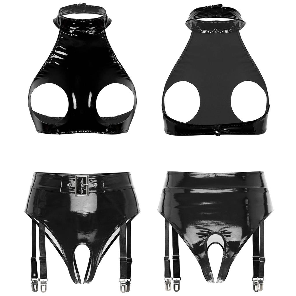 Lenjerie de damă, din piele lacuită, cu cupe deschise, crop top cu jartieră, cu picioare deschise, set de lenjerie de corp pentru îmbrăcăminte de club pentru nopți de întâlnire