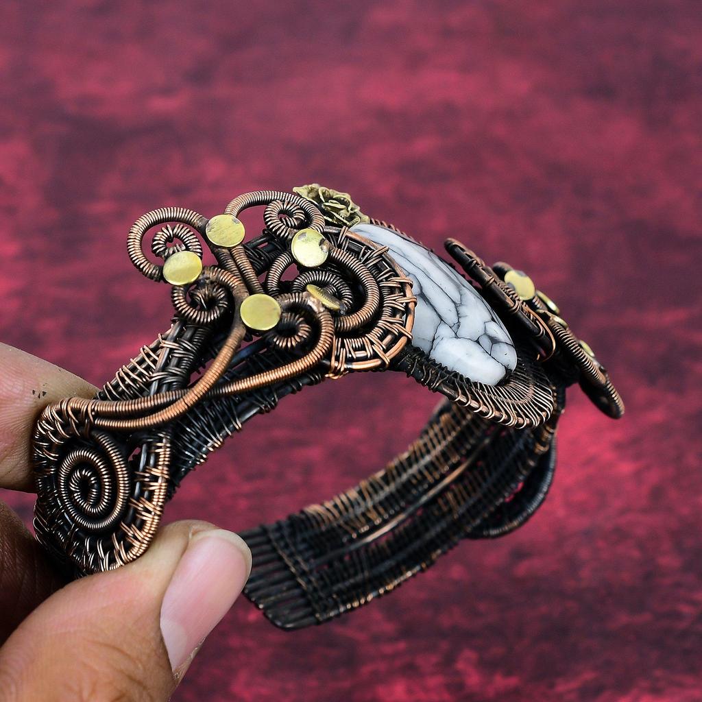 Pinolith Jasper Cuff Bracelet Adjustable Bangle Copper Wire Wrap Flower Jewelry