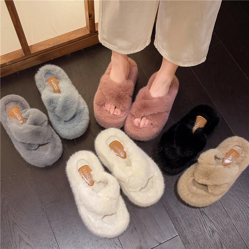Mao Mao shoes autumn and winter new size one-character women's slippers comfortable foot cross wool shoes