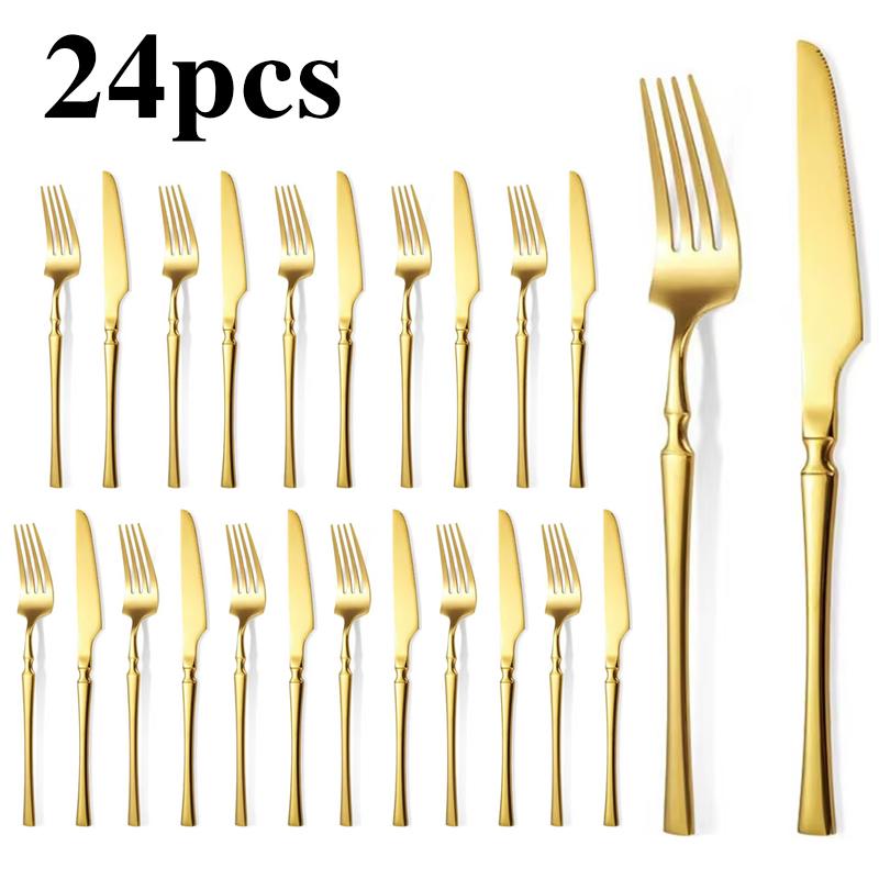 12/24/36pcs Stainless Steel Tableware Set, Including Knife and Fork, Luxurious Gold Waist, Suitable for Holiday Restaurants.
