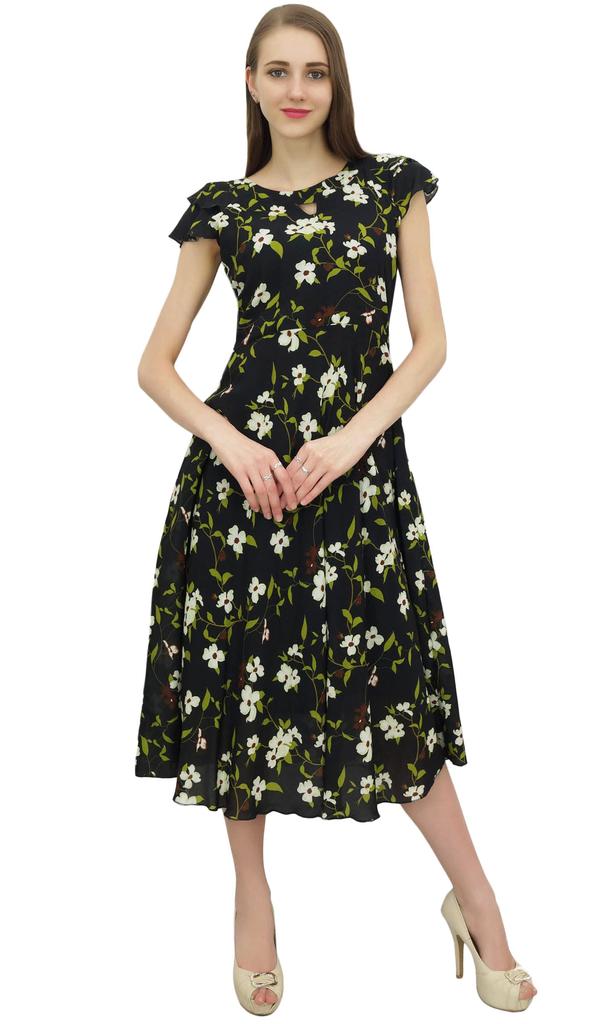 Bimba Women's Ruffly Sleeve Digital Floral Printed Black Cotton Party