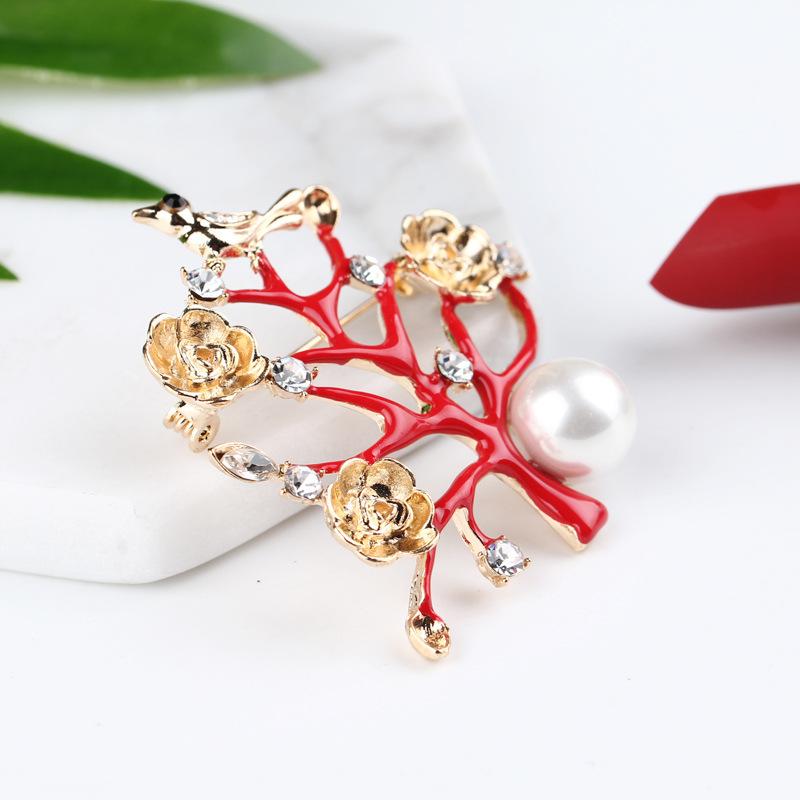 Chinese Style Bird Branch Pearl Brooch Drop Oil Design Flower Corsage Long-lasting Color Exquisite Cute Women's BFF Gift
