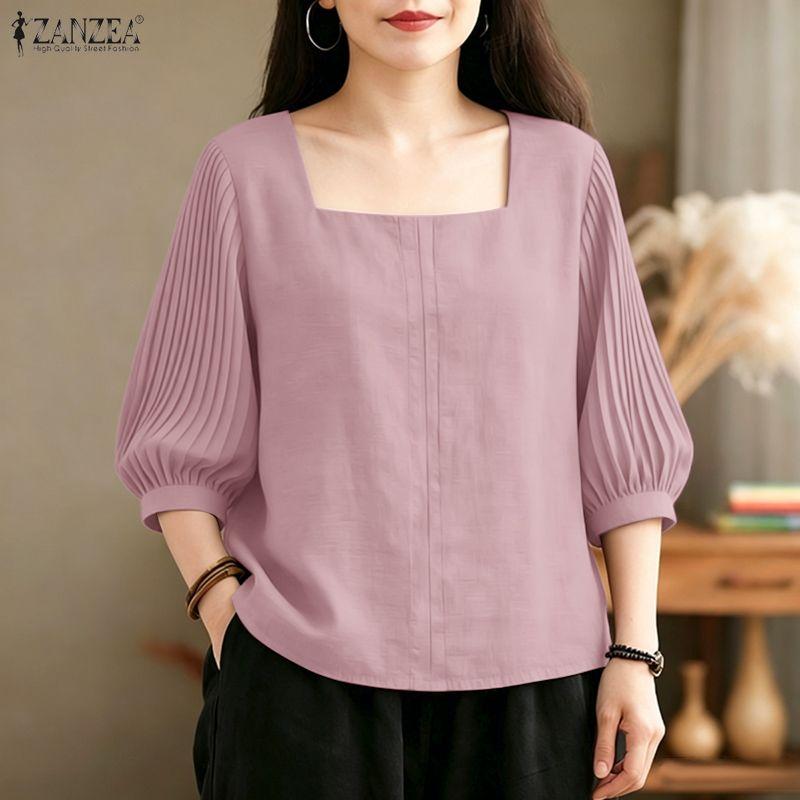 ZANZEA Women Square Collar Solid Color Loose Casual 3/4 Sleeve Blouse
