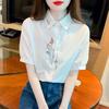 Womens Pink Floral Embroidered Button Down Shirt Casual Short Sleeve Puff Sleeve Blouse