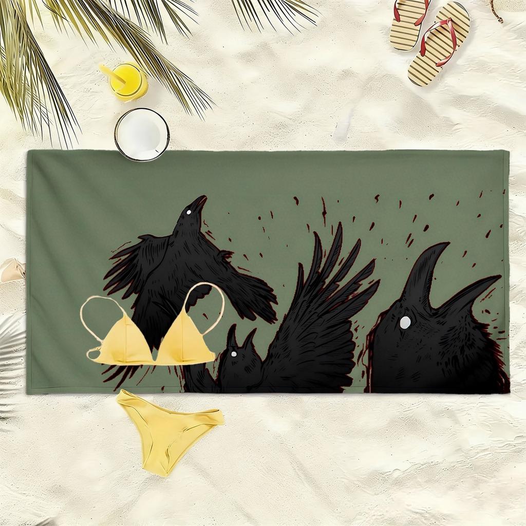 Dark style crow's mysterious pattern polyester microfiber beach towel is highly absorbent, suitable swimming and beach outings